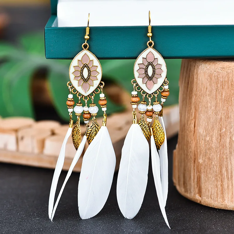 Bohemian Vintage Lange Weiße Feder Ohrringe für Frauen Ethnische Temperament Gold Farbe Kette Quaste Ohrringe Boho Hochzeit Schmuck – Detail 21