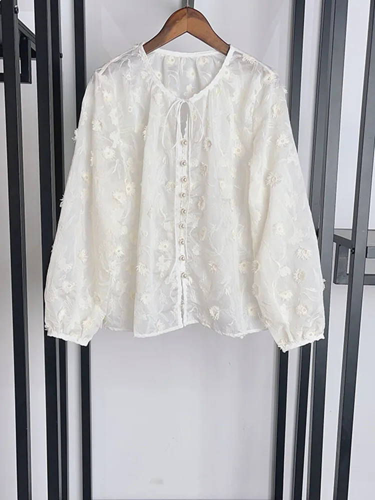 

Three-Dimensional Flower Women Lace-Up O-Neck Blouse Summer New 2024 Single Breasted Casual Long Sleeve Ladies Thin Shirt Tops