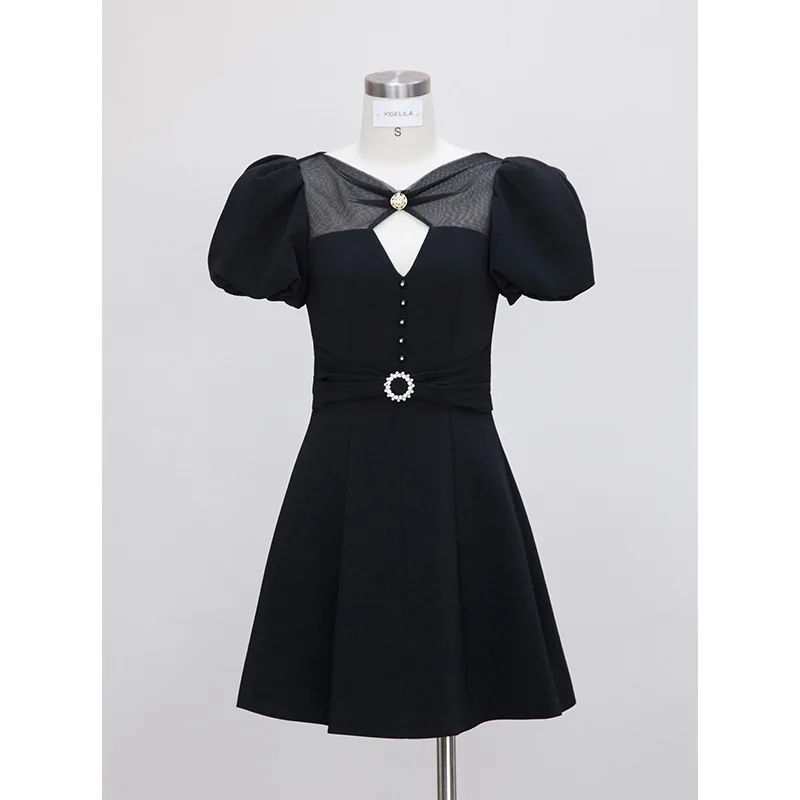 

2023 Fashion Women Dress Black Summer Autumn Dresses New Sexy Slim Vintage Bubble Sleeves Female Stage Costumes