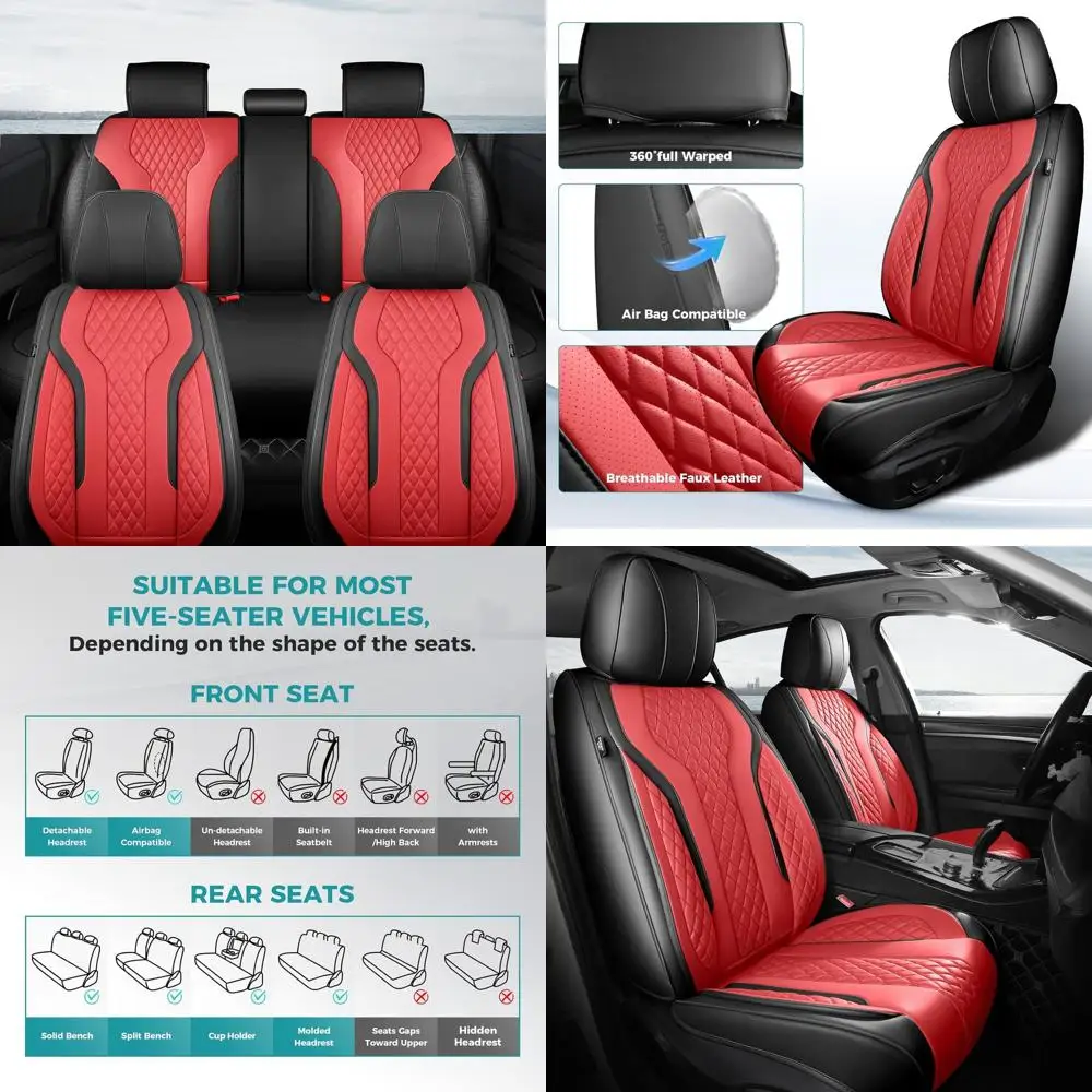 

Кожаные чехлы на автомобильные сиденья, полный комплект, дышащие чехлы на сиденья из искусственной кожи для автомобилей, внедорожников, седан, водонепроницаемые, черные, красные