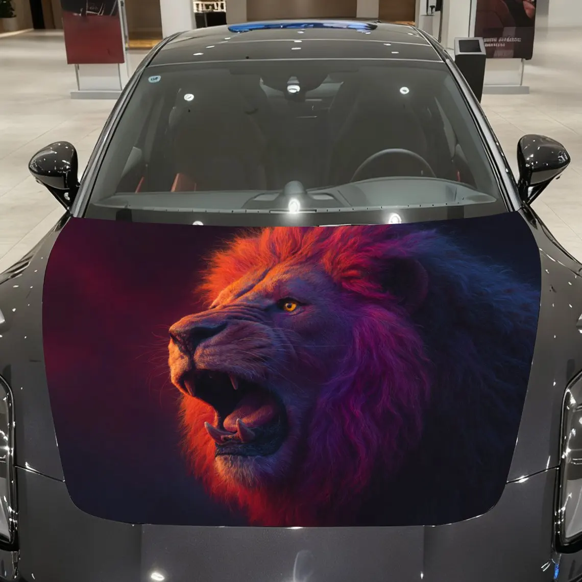 

Flame Red Haired Lion Car Hood Wrap - Self-Adhesive Vinyl Sticker For Trucks, Durable & Wear-Resistant, Decorative Bonnet Graphi