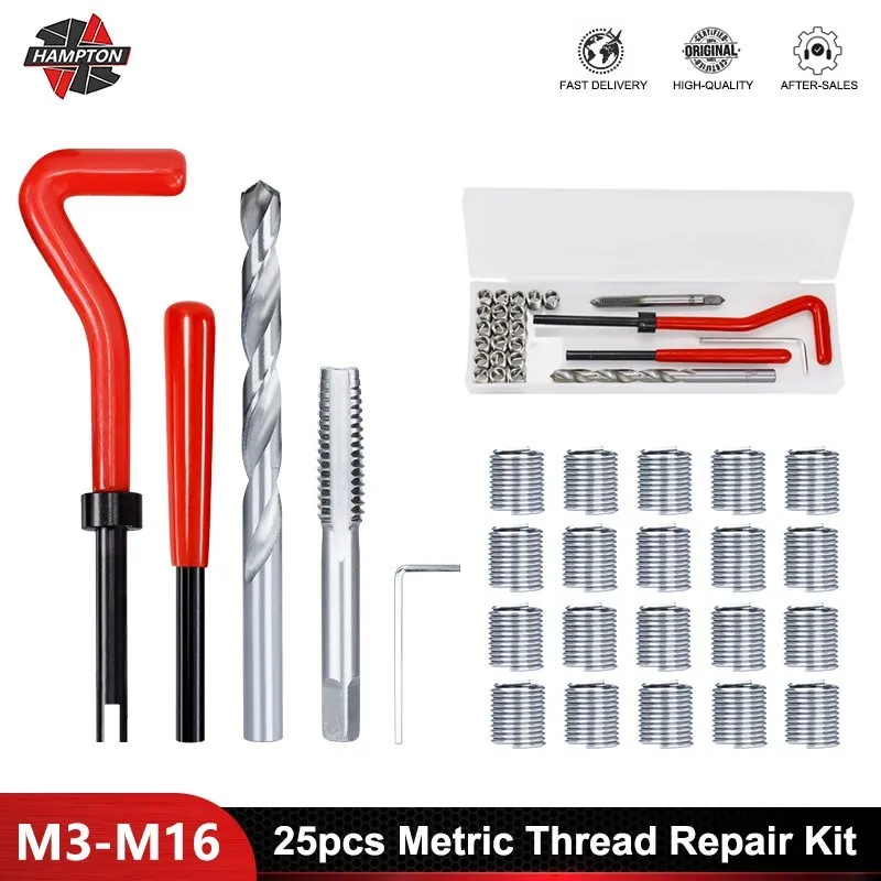 25pcs Kit di riparazione filettatura metrica M3/M4/M5/M6/M7/M8/M10/M12/M14 inserti filettati per il ripristino degli strumenti di riparazione dei fili danneggiati