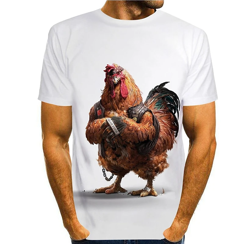 Modne koszulki z wzorem kurczaka dla mężczyzn Letni trend Krótki rękaw Crew Neck 3D Zwierzęta Nadrukowane koszulki Luźne koszulki Streetwear