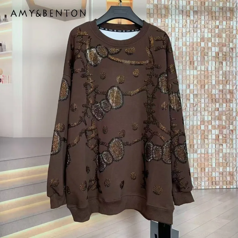 

Fashion Autumn Heavy Industry Full Diamond Cute Cartoon Coat Oversized Loose Hoodies Fashion Round Neck Sweatshirt Top Pullover