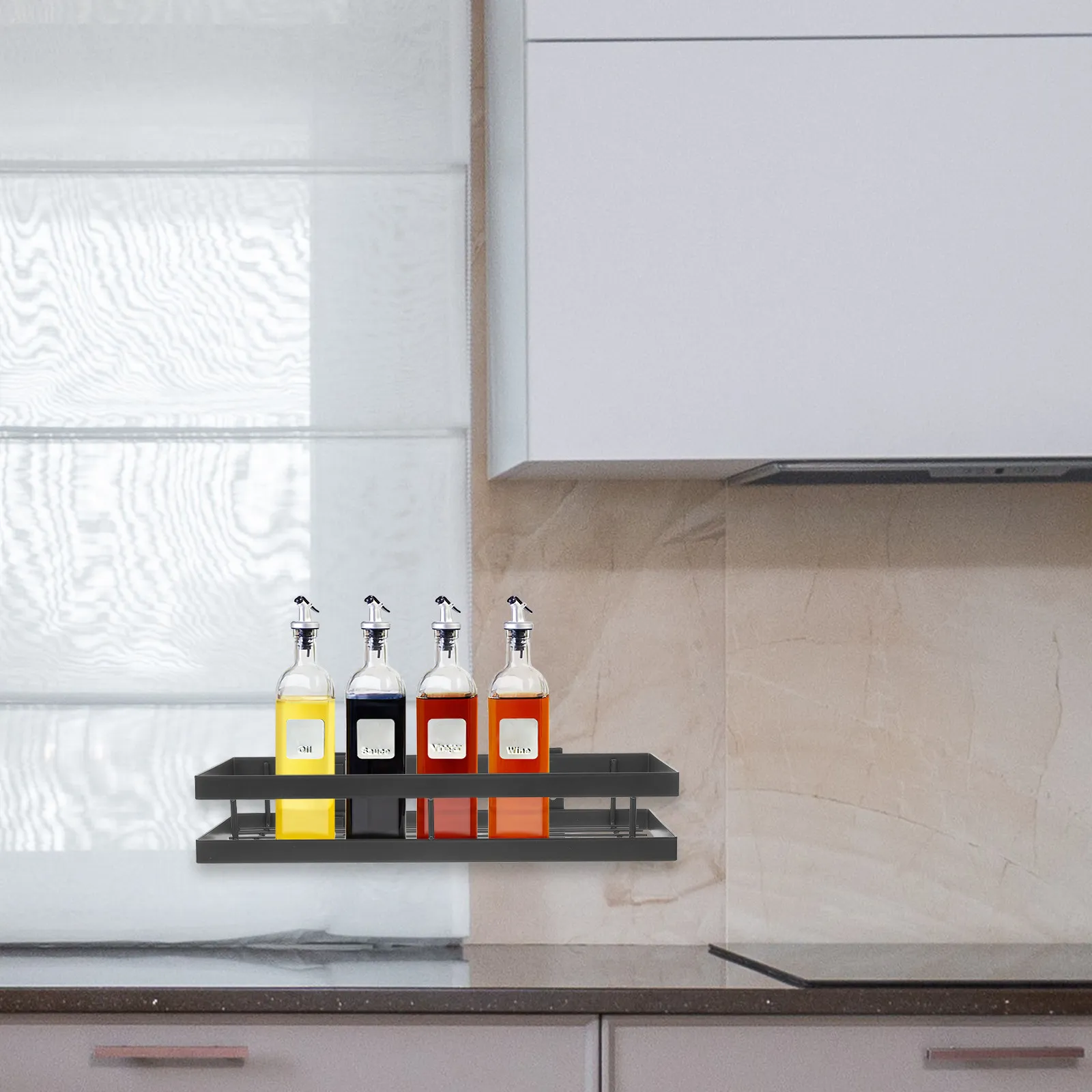 Wall Mount Spice Rack Metal Floating Shelf No Drill Installation Kitchen Bathroom Organizer Large Capacity Storage Rack Wall