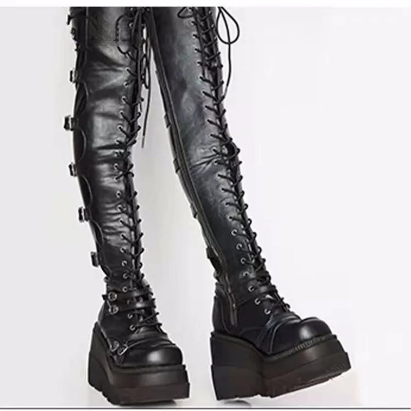 

2022 New High-heeled Boots Lace Up Belt Buckle Knee Thick Heel Waterproof Platform Fashion Boots