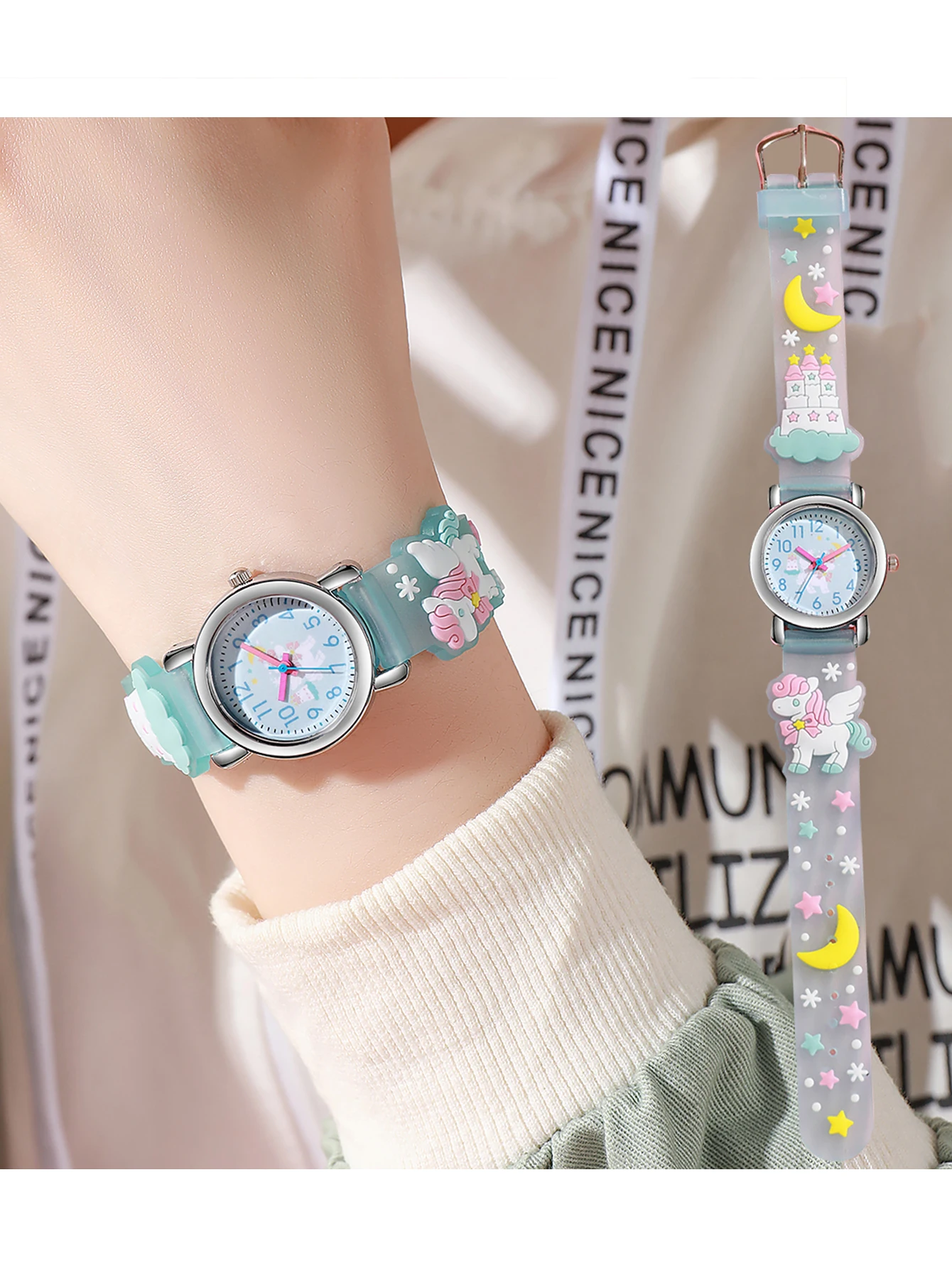 سوار ساعة سيليكون بيغاسوس كارتوني عصري ولطيف مع قرص من خليط معدني دائري، ساعة كوارتز للأطفال، مناسبة للاستخدام اليومي #3