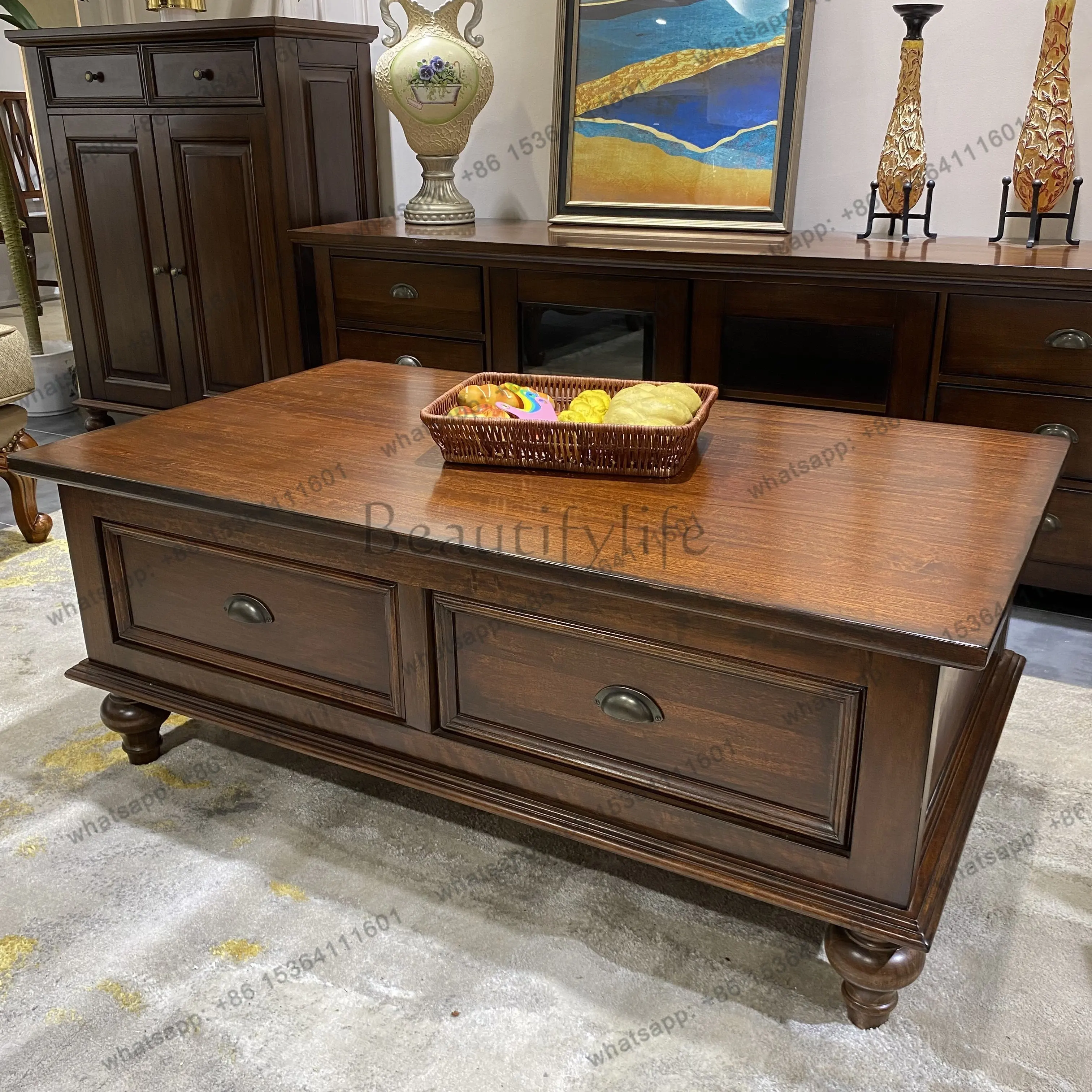 American small apartment living room full solid wood coffee table size: length 1200*width 700*height 480mm