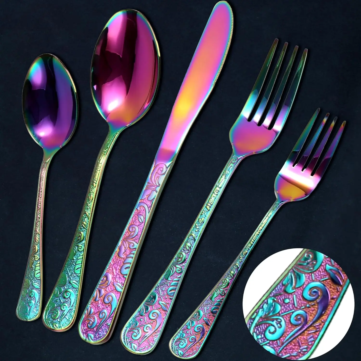 

Vintage Floral Carved Rainbow Silverware Set for 6, 30PCS Stainless Steel Flatware with Knife/Fork/Spoon