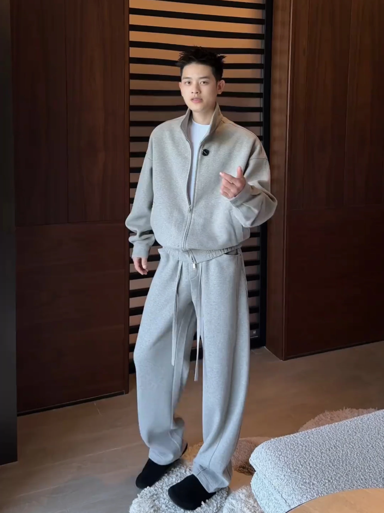 

Spring 2026 Men's Casual Set Loose Wide Leg Pants Cardigan Outerwear Versatile Comfortable Polyester Cotton Blend Long Sve