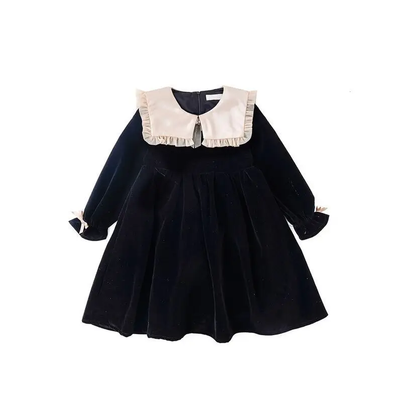 2024 New Teen Girls Winter Velvet Dress Elegant Fall Clothing Big Girl Black Dresses Autumn Baby Party Dress With Collar Lapel