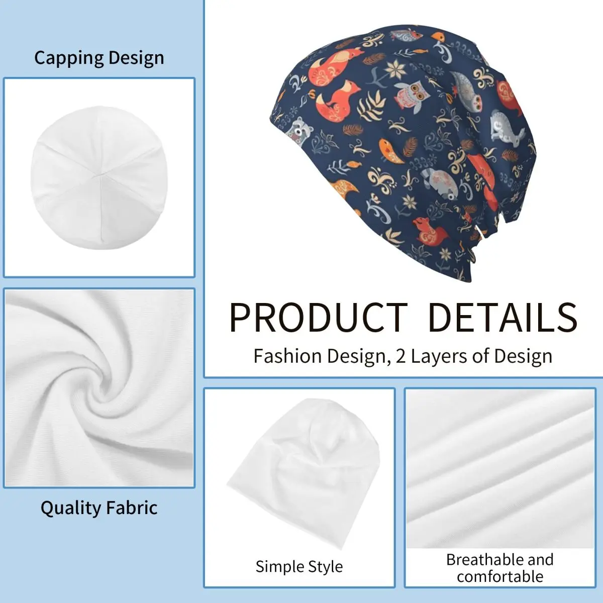 غابة الخيال. الثعلب والدب والراكون والبوم والأرانب والزهور والأعشاب Skullies Beanies قبعات الخريف قبعة محبوكة قبعات بونيه