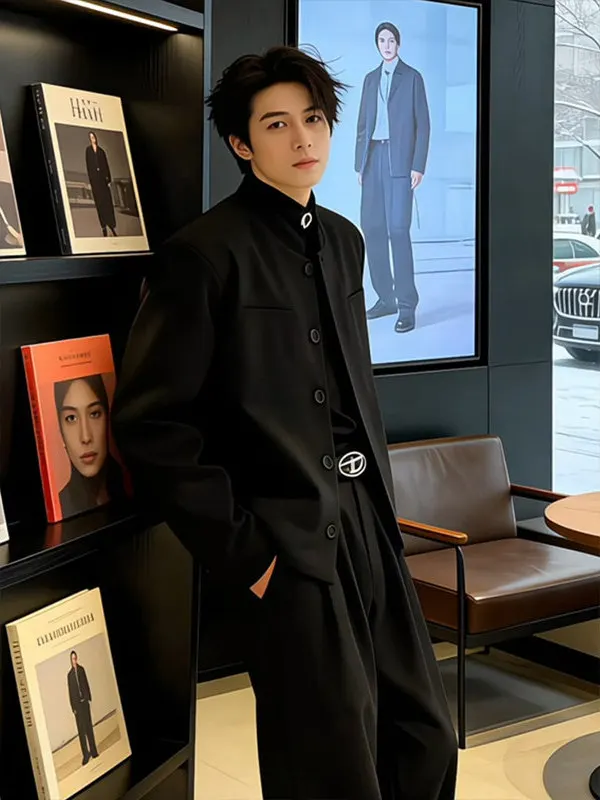 

Новый китайский мужской костюм-пиджак с воротником-стойкой, с подплечниками, повседневный, весенний, с длинным рукавом, на одной пуговице