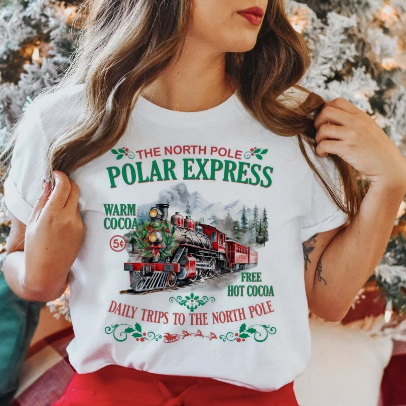 The North Pole Polar Express Daily Trips Printed Women\'s Short Sleeved Harajuku Street T-Shirt Casual Loose Top Pattern T-Shirt