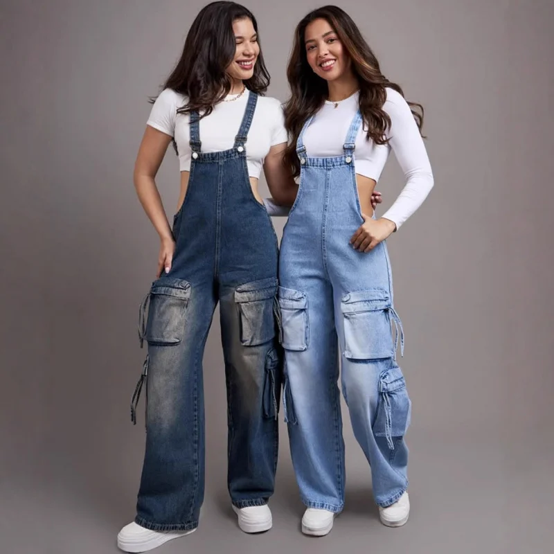 

Trendy Women's Casual Straight Leg Denim Overalls Street Multi Pocket Jumpsuit 2026 Fashion Streetwear for Women