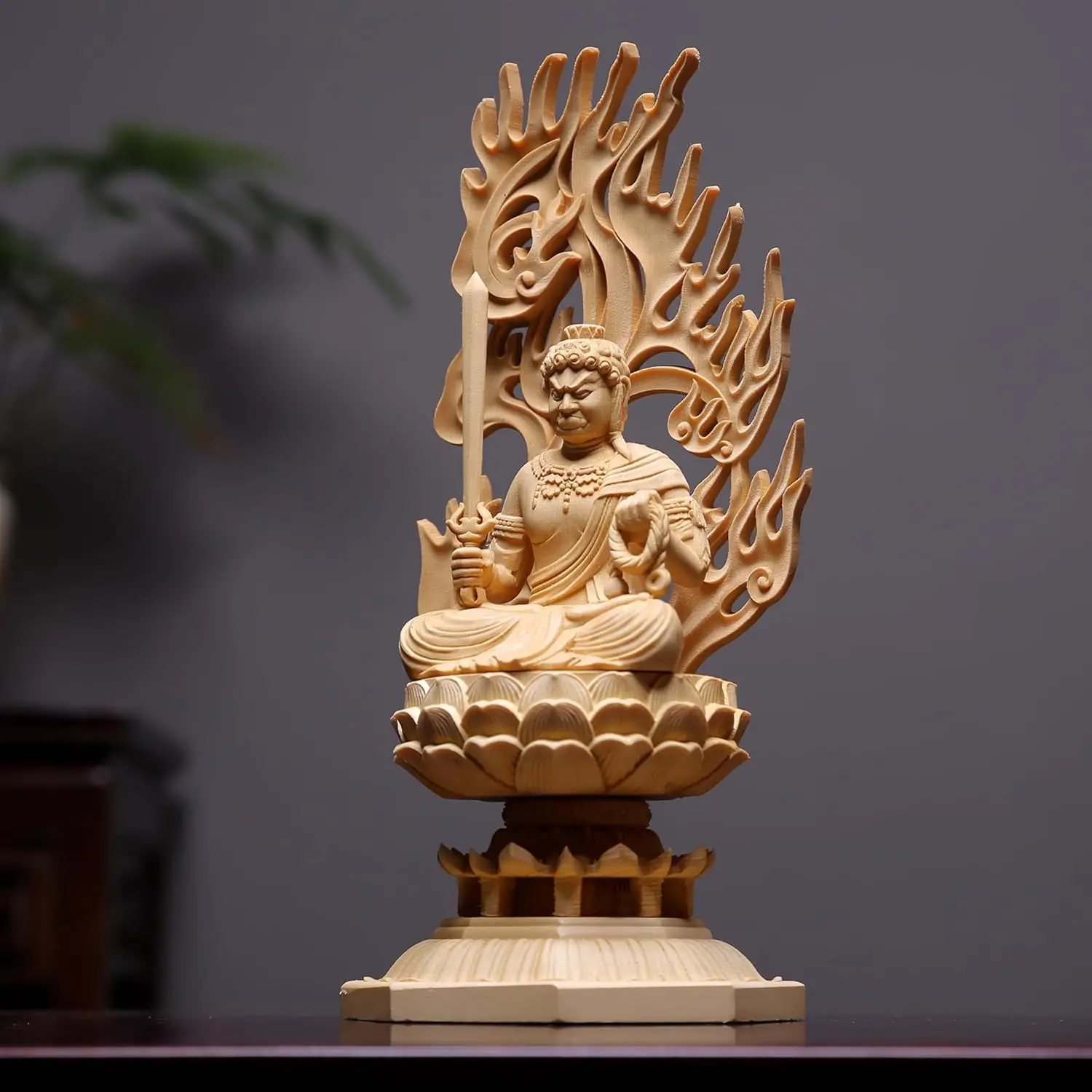 Hand Carved Wooden Fudo Myoo Acalanatha Statue Figurine - Wrathful Deity Sculpture Ornament Home Altar Temple Buddhist Decor