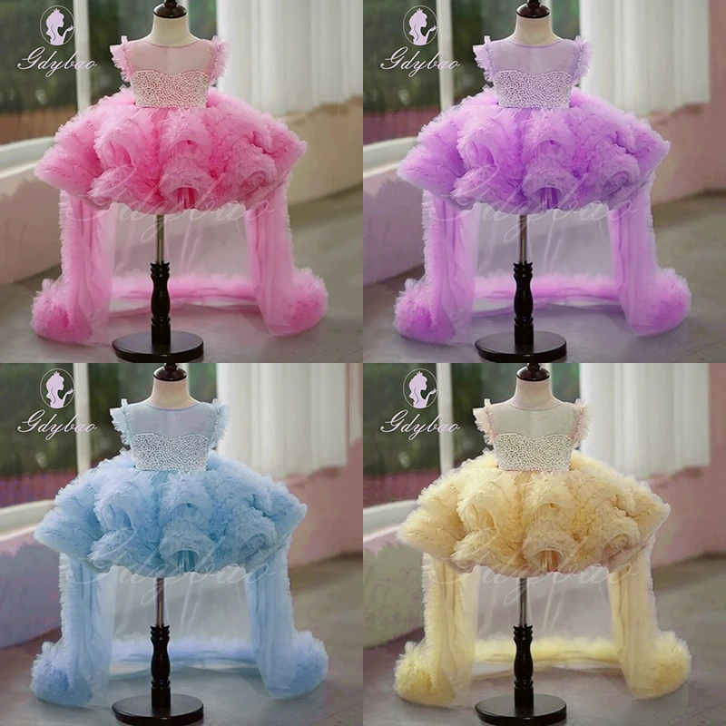 Robe à fleurs en Tulle rose pour bébé fille, pour mariage, bouffante, sans manches, avec perles, robe de princesse de fête pour enfants, robe de bal de première Communion