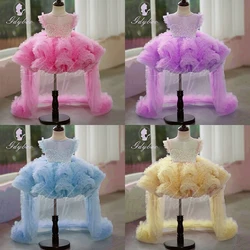 Baby Rosa Tüll Blumenmädchenkleid für Hochzeit Puffärmel mit Perlen Prinzessin Kinder Party Erstkommunion Ballkleid