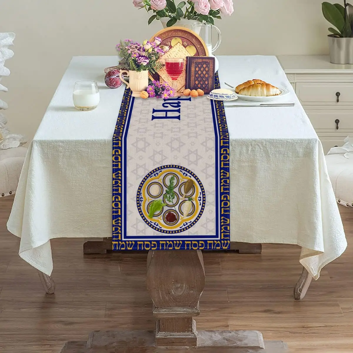 Happy Passover Linen Table Runner Party Decor Pesach Star of David Jewish Table Runners Dining Room Mantle Fireplace Decorations