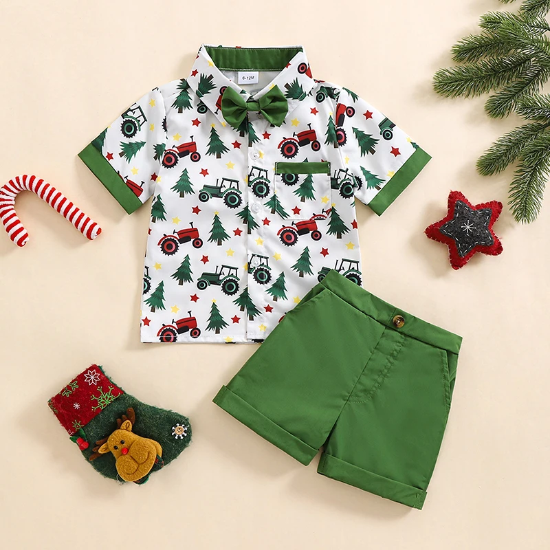 Рождественский наряд для маленьких мальчиков, рубашка на пуговицах с короткими рукавами и тракторной елкой, однотонные шорты с эластичной резинкой на талии, комплект из 2 предметов