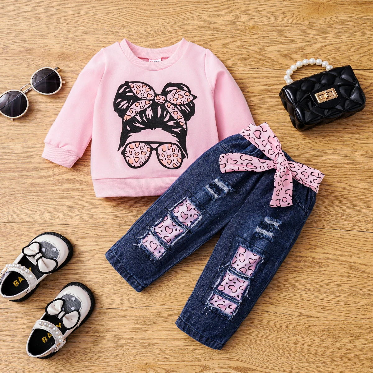 

2pcs Baby Girl Figure Print Long-sleeve Sweatshirt and Cotton Belted Ripped Jeans Set