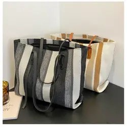 Large Capacity Women's Shoulder Bag Simple Vertical Stripe Casual Tote Bag 2024 Summer Fashion Handbag Female Canvas Shopper Bag