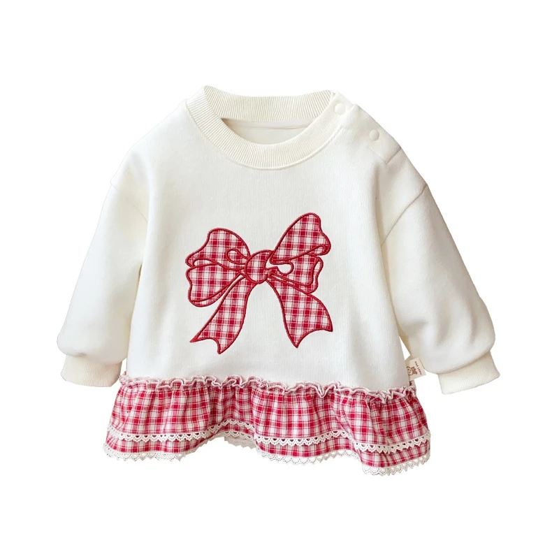 

2025 New Autumn Girls' Elegant A-class Preschool Children's Bow Pattern Splicing Grid Cake Bottom Hoodie