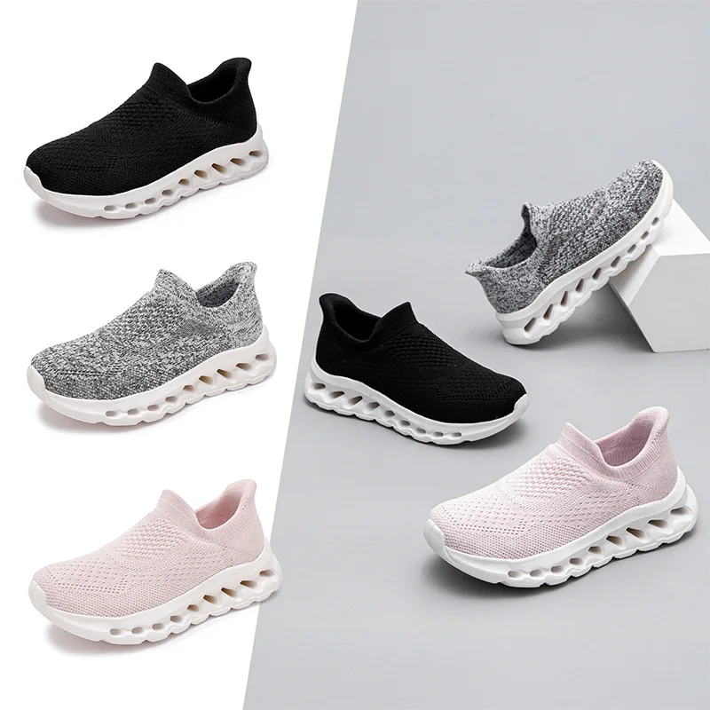 Kids Slip‑On Knit Sneakers Breathable Lightweight Upper Flexible Hollow Non‑Slip Sole Casual Shoes For Daily Outdoor Sports