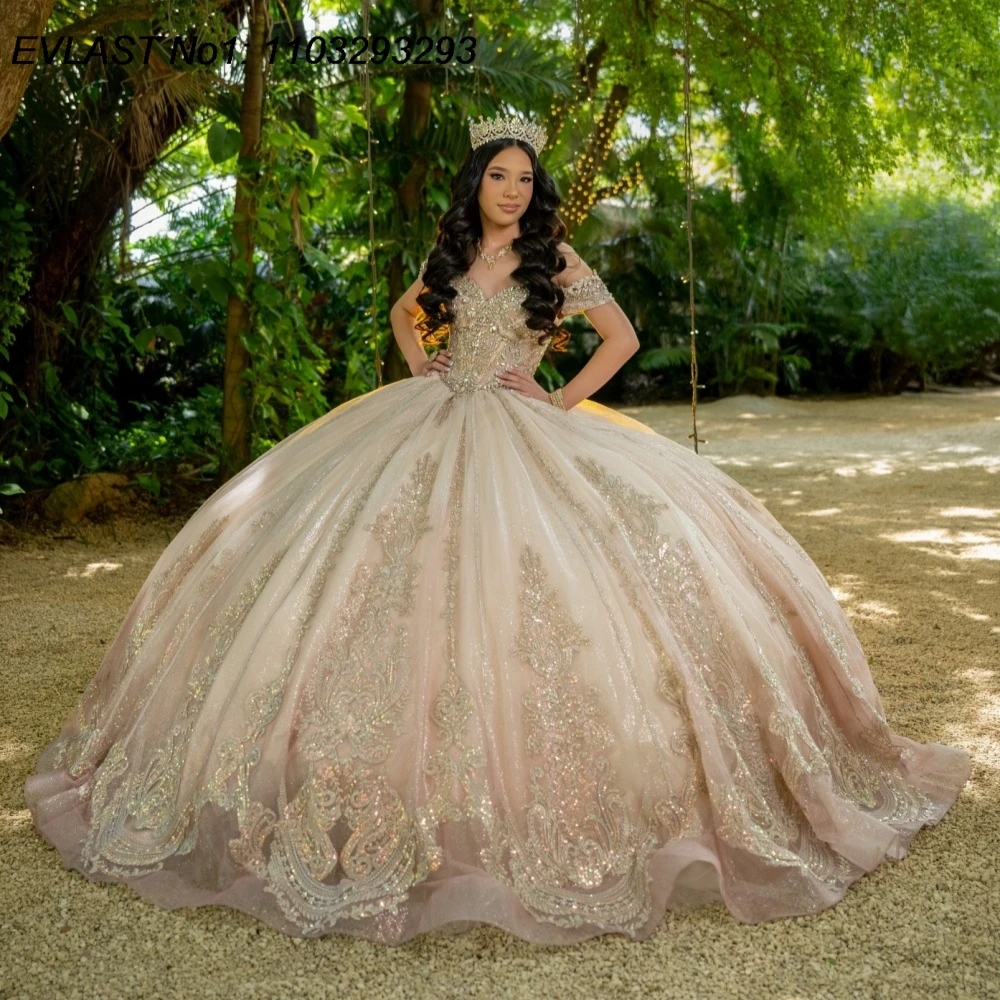 Glitter Tablecloth - EVLAST Customized 2026 Champagne Quinceanera Dress