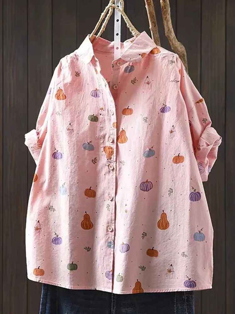 

Vintage Print Cute Loose Shirt Women Pure Cotton Short Sleeve Casual Kawaii Blouse Summer Retro Female Single Breasted Tops New