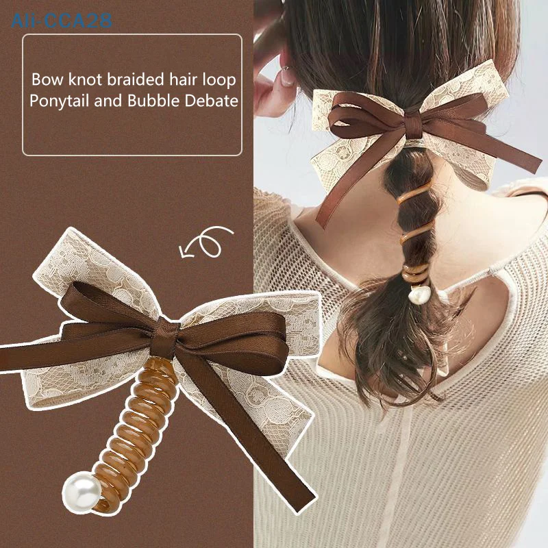 

Temperament Bow Telephone Wire Hair Ties Girls Elastic Hair Bands Spiral Coil Rubber Bands Coffee Color Hair Accessories