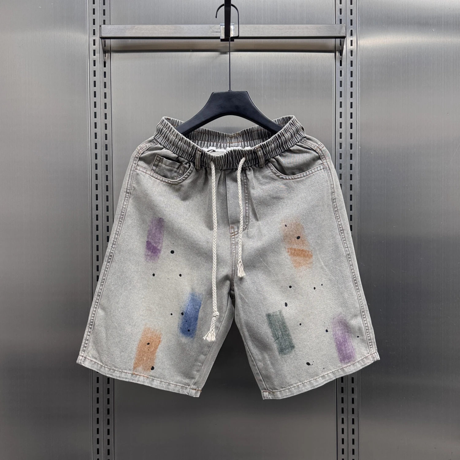 

Summer New fiti Painted Loose Personali Five-Point Dstring Waist Design Jeans orts Youth Trendy Straight Leg Jeans...