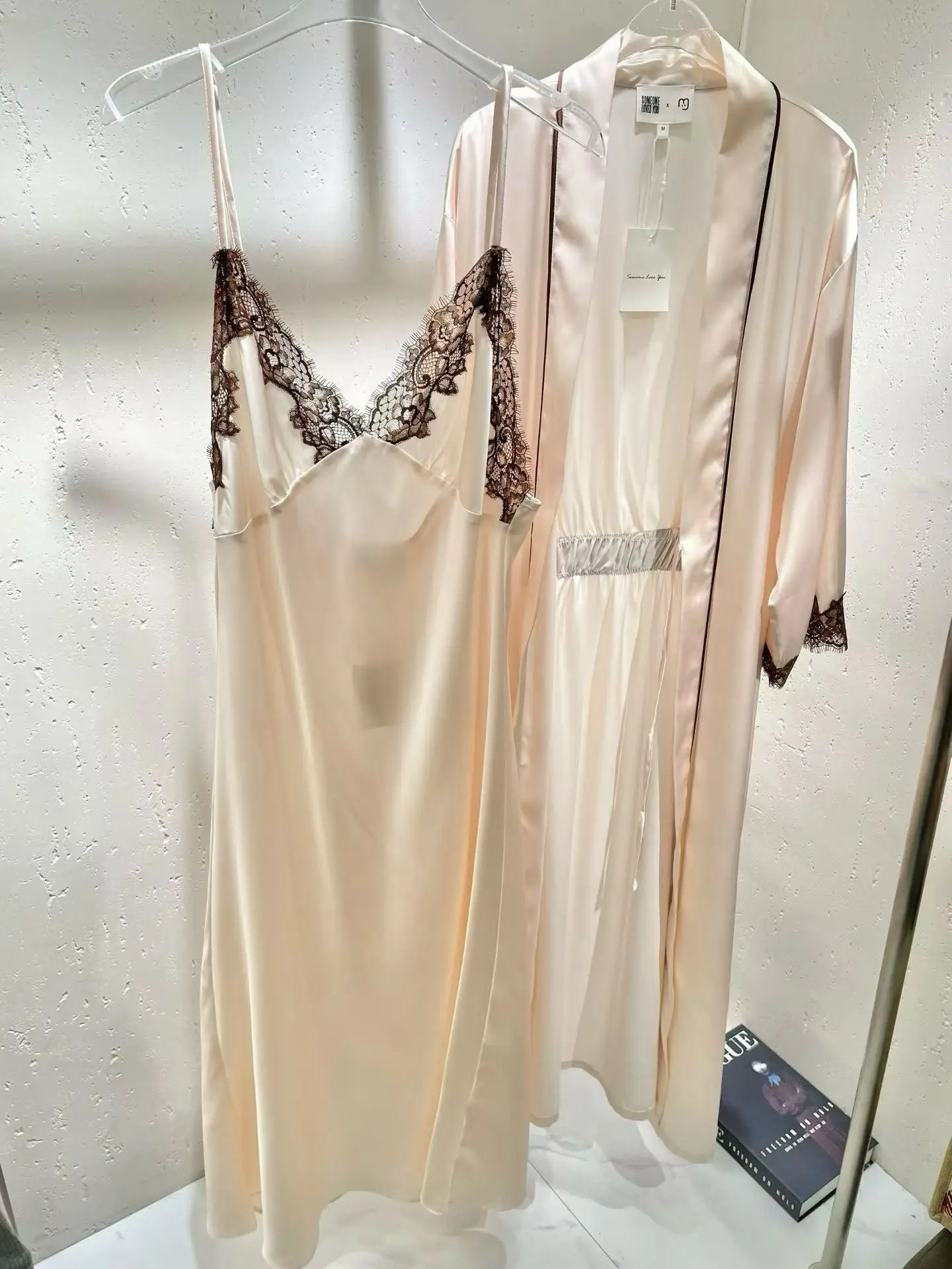 Conjunto de Pijama de Seda y Satén de 2 Piezas para Mujer, Camisón Largo con Encaje en Contraste, Camisola con Tirantes Finos, Kimono, Ropa de Dormir