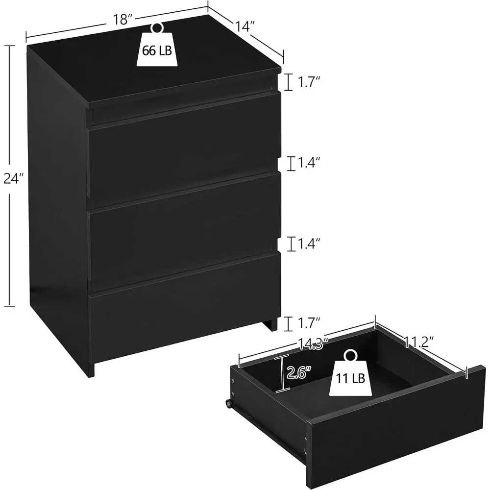 Wood Nightstands Set of 2, Bedside Tables with 3 Drawers, Cabinet Units Accent Tables with Storage Space for Bedroom, Black