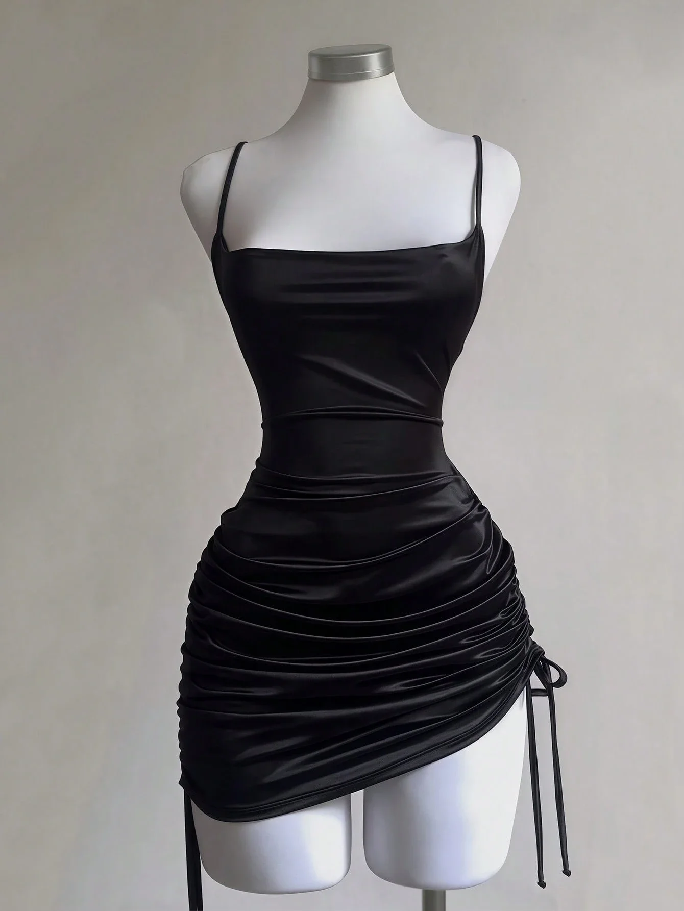 

Black Satin Ruched Mini Dress With Spaghetti Strap And Asymmetrical Hem