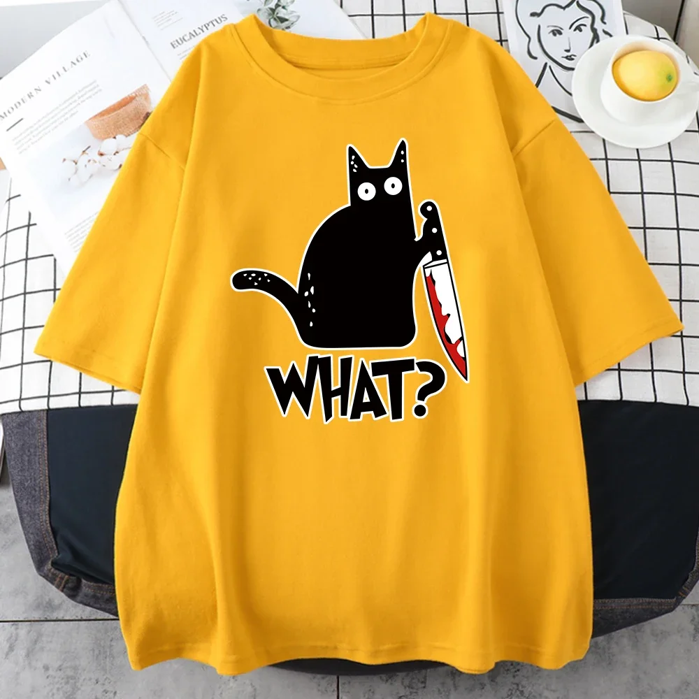 Killer Black Cat What Surprise Print Men\'s 100% Cotton T-shirt Creative Funny Top Oversized Full Math Vintage Short Sleeve Men