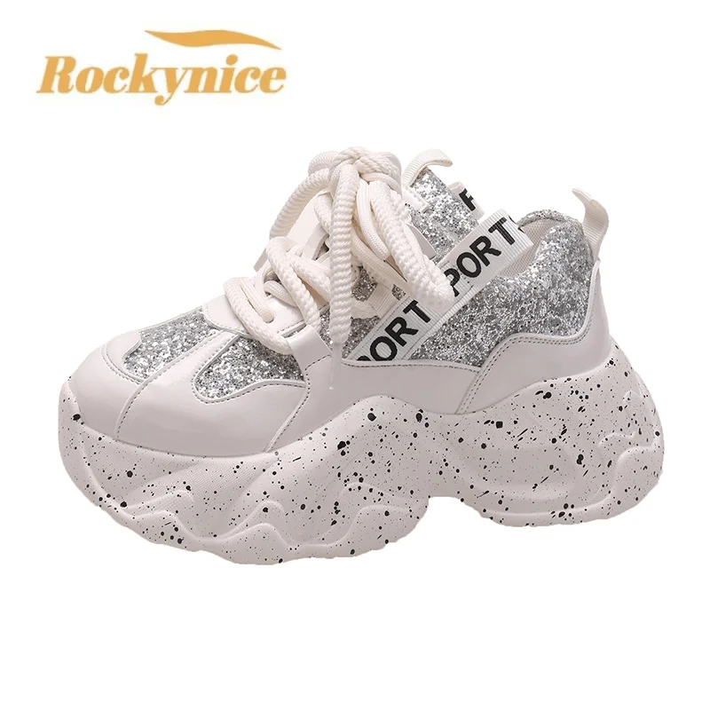 

New Women Autumn Leather Casual Shoes Breathable Bling Trainers Sports Chunky Sneakers 7CM High Heels Platform Vulcanized Shoes