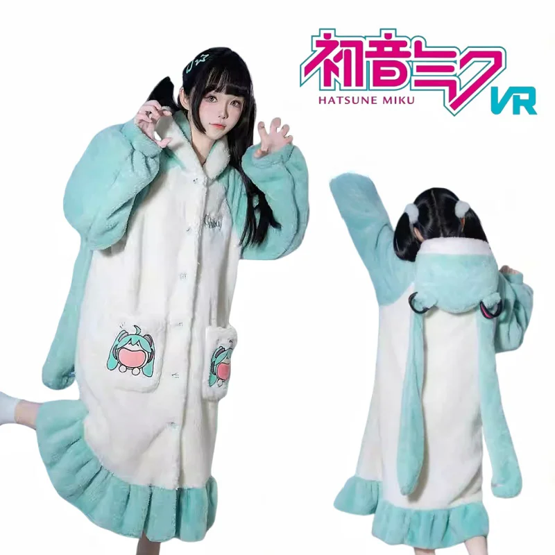 Genuine Hatsune Miku Plush Hooded Dressing Gown Set Warm and Soft Loungewear Cute Cartoon Pajama Set Holiday Gifts Anime Home