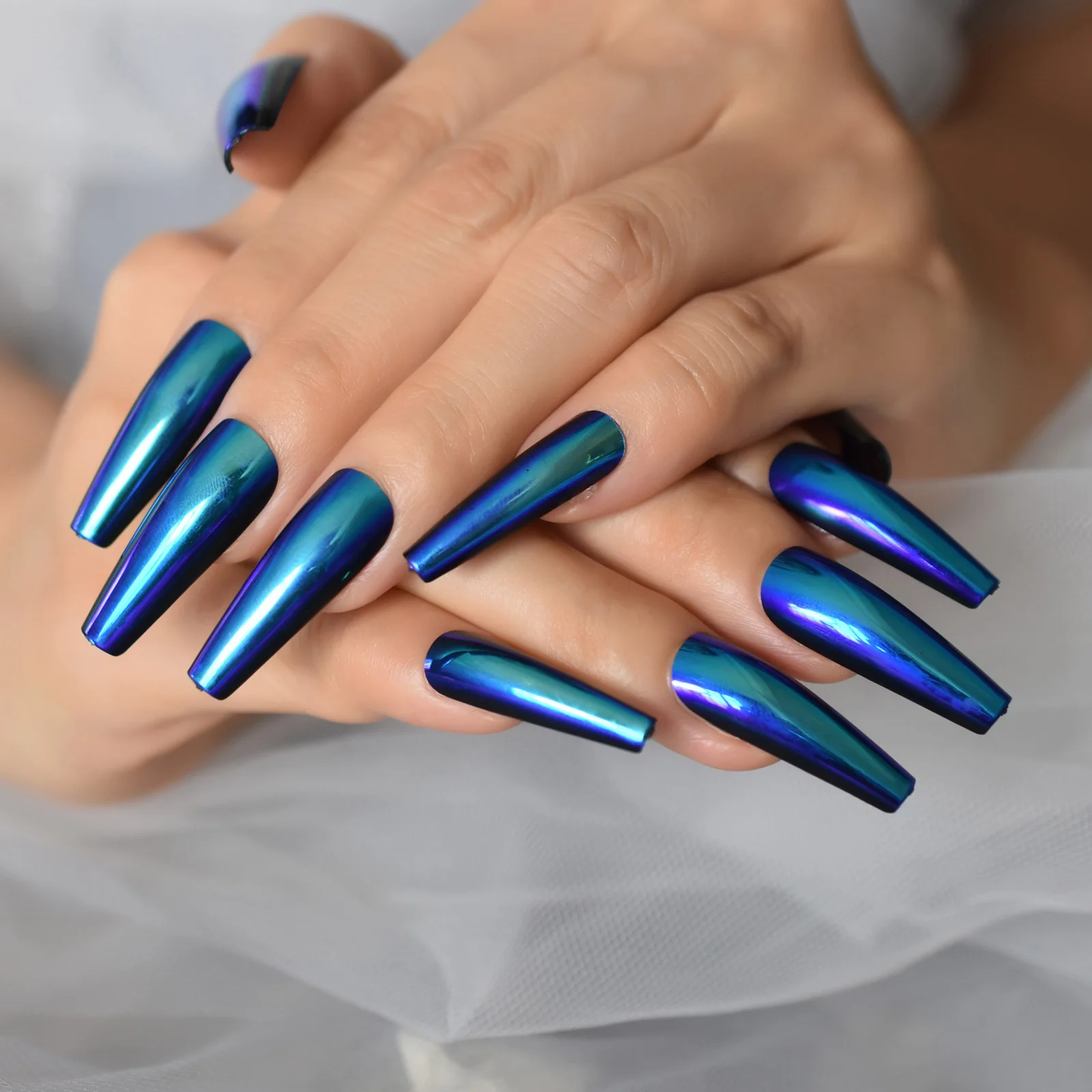 Chrome Metallic Fake Nails Set Mirror Extra Long Press On Nails Coffin Ballerina Blue Acrylic False Nail Art Tips For Women