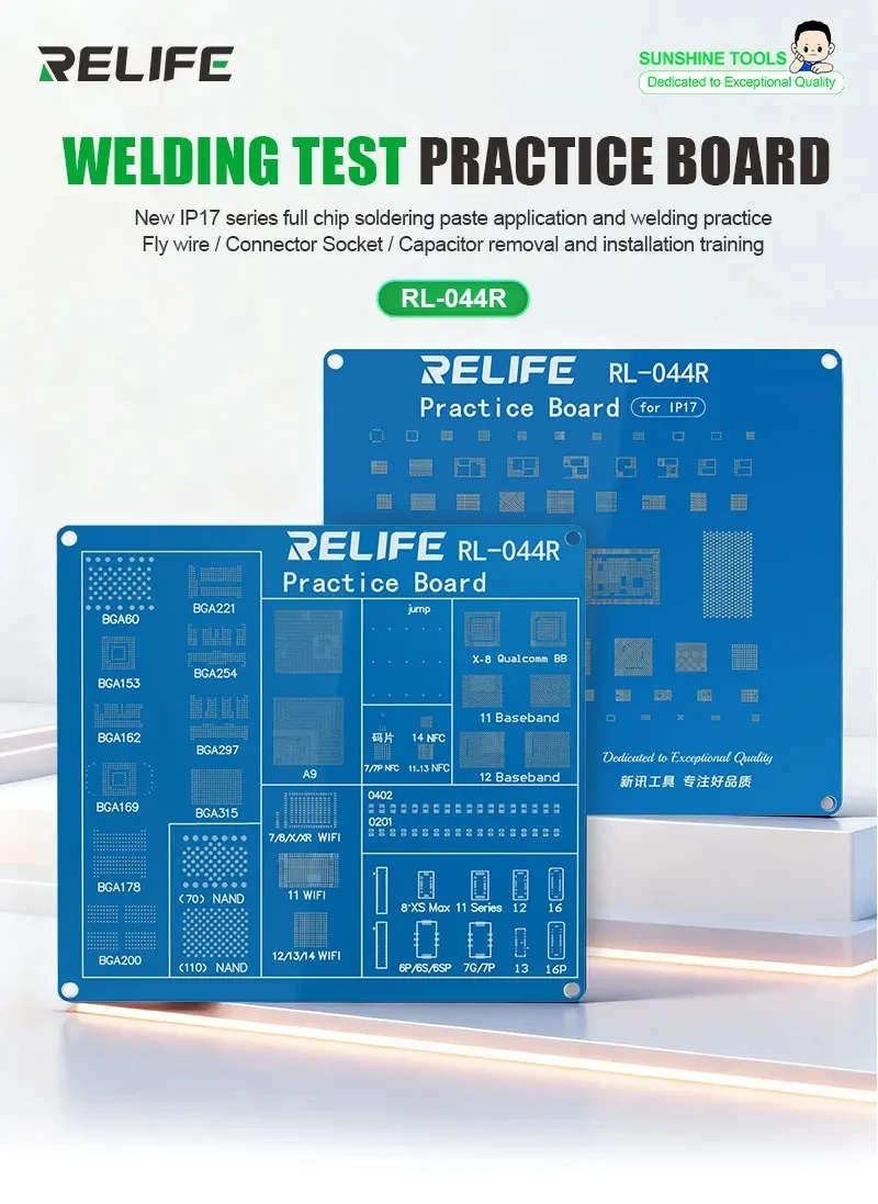 Płytka treningowa do lutowania RELIFE RL-044R do naprawy iPhone'a, zestaw do nauki układów BGA i gniazd złącza, obsługuje całą serię IP17