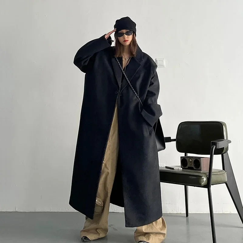 

Черная шерстяная одежда средней длины, пальто, женское пальто, осень-зима, повседневное женское уличное пальто с зубчатым воротником и длинными рукавами, мода