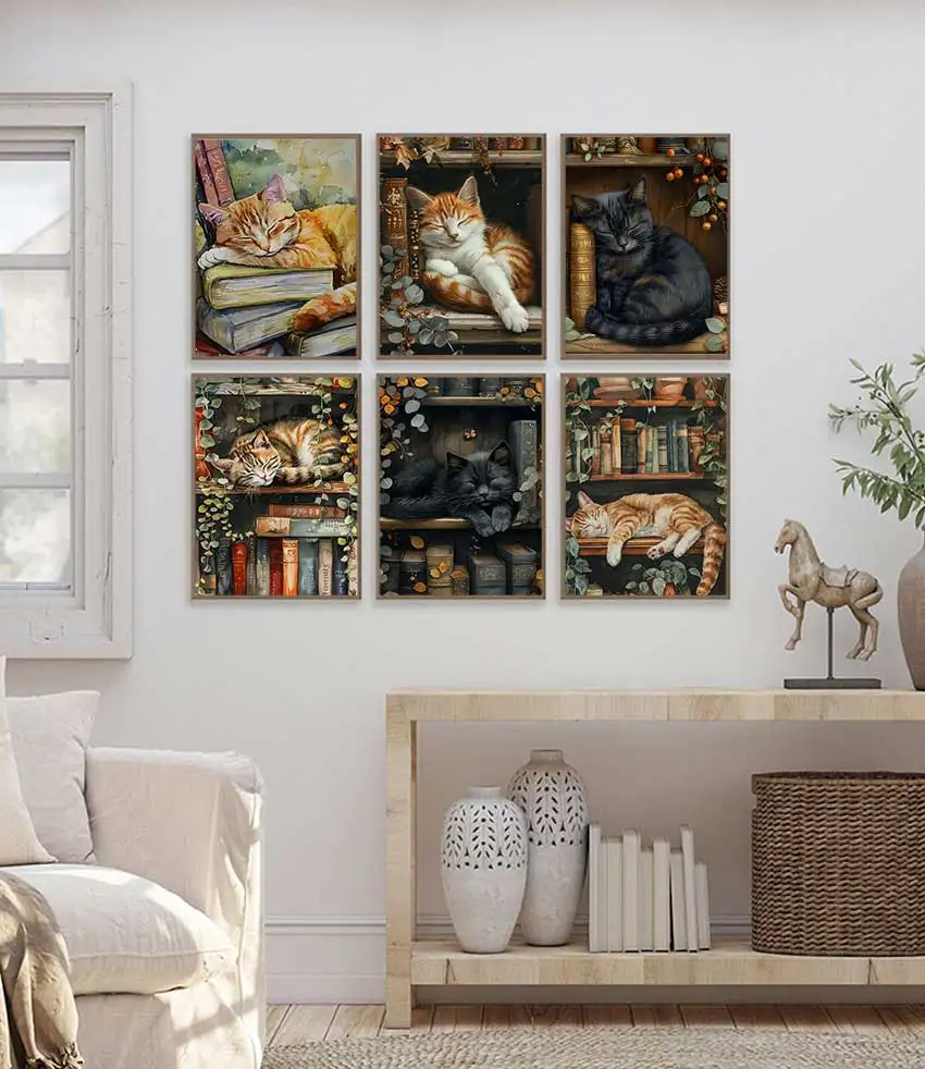 Cute Cat and Book Poster Victorian Moody Bookish Stack Books Canvas Painting Wall Art for Dark Academia Library Home Decor
