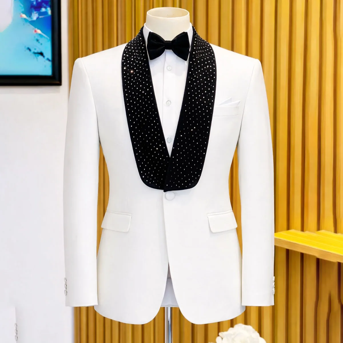 

Индивидуальные свадебные костюмы для мужчин из 2-х предметов с металлическими бусинами и стразами, роскошные смокинги для жениха, мужские блейзеры для выпускного, стильные мужские костюмы.