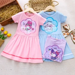 Kawaii Girls Short-Sleeved Dress Sanrio Kuromi My Melody Cinnamoroll Color-Changing Sequin Princess Dress Kids Clothes Gift Toys