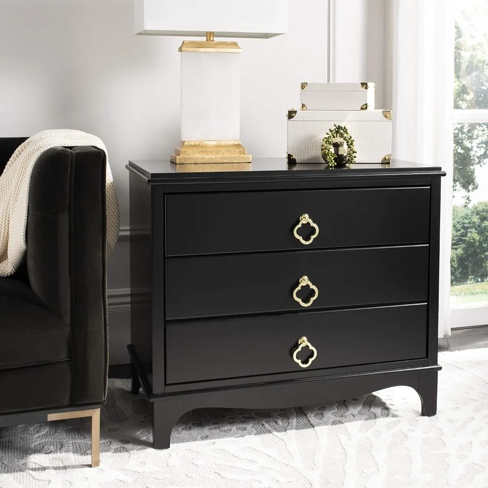 Home Collection Hannon Black 3 Drawer Contemporary Nightstand End Table, Brass