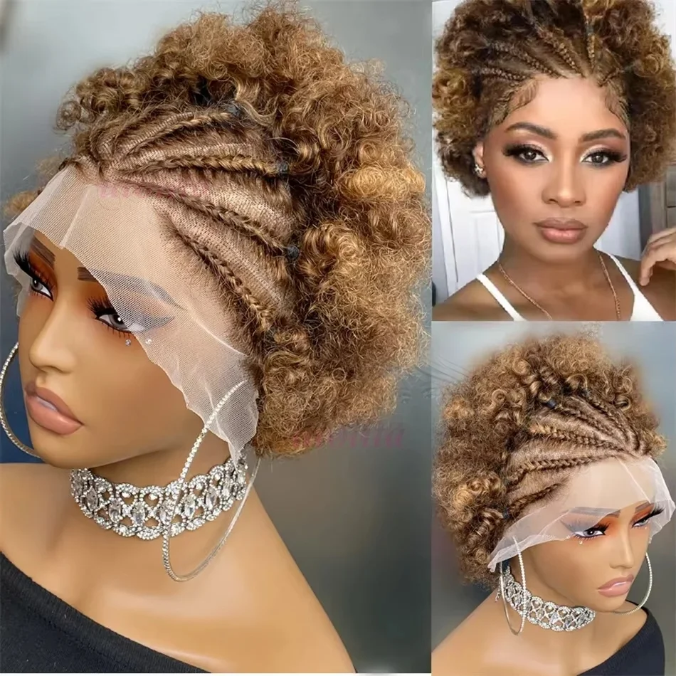 Highlight Ombre Geflochtene Perücken Echthaar Afro Puff Lace Frontal Haarperücken Afro Kinky Curly Echthaar 13x4 Lace Front Vorgeflochten – Detail 1