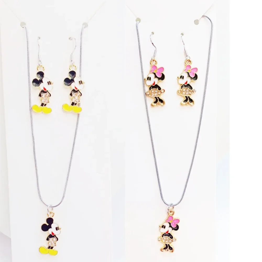 

3pcs Disney Mickey Minnie Necklace Earring Women Girls Anime Jewelry Accessor Fashion Sweater Chain Collarbone Chains Kids Gifts