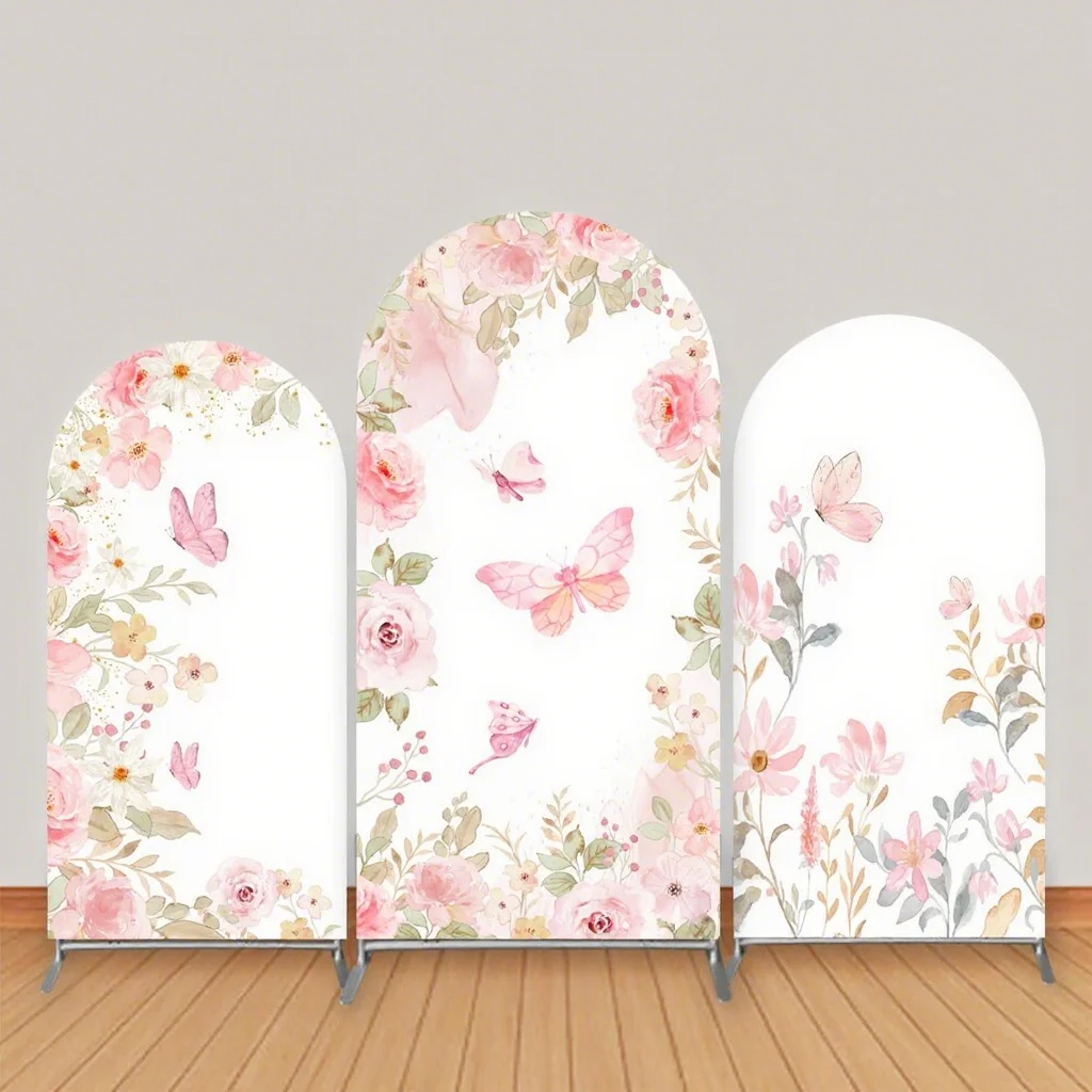 

LS Custom 2-Sided Pink Butterfly Watercolor Girls Birthday Party Baby Shower Covers Chiara Arch Background Decor Backdrop