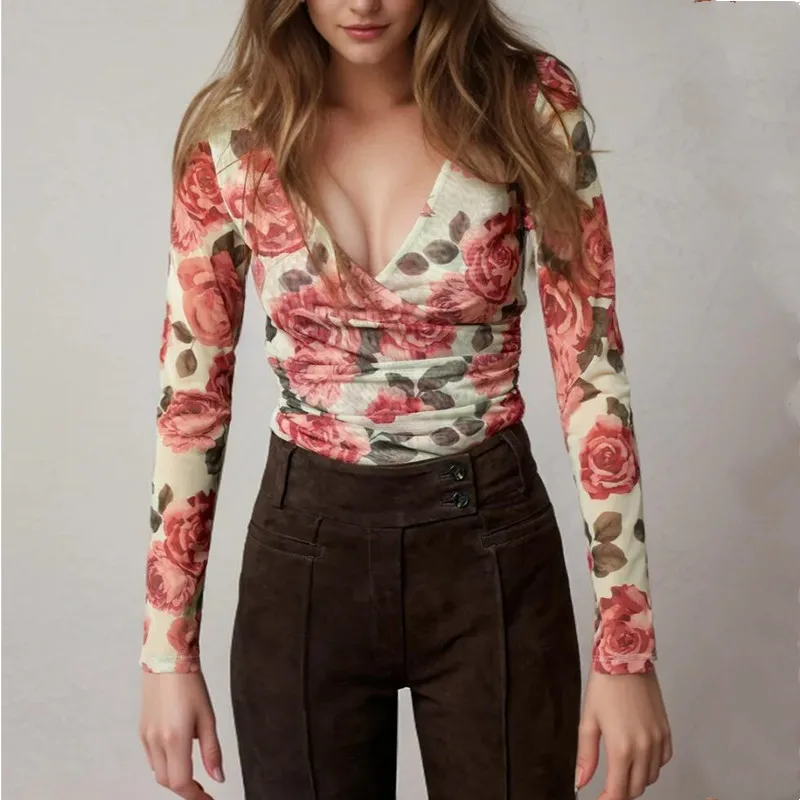 2024 Sexy Cross V neck Floral Print Full Sleeve Mesh T Shirt Women Slim T-shirt Tee Tank Tops