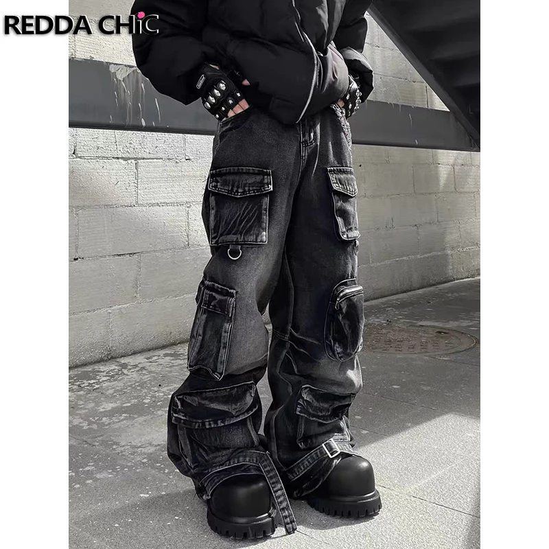 

REDDACHIC Men Multi-pocket Black Baggy Jeans High Waist Distressed Washed Straight Wide Leg Cargo Pants Retro Hiphop Streetwear